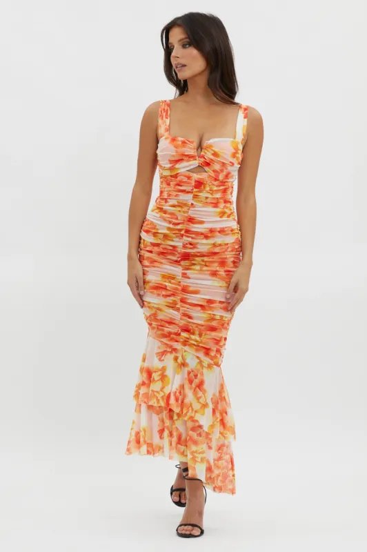 Nadia Ruched Fishtail Midi Dress Floral White sold by Selfie Leslie