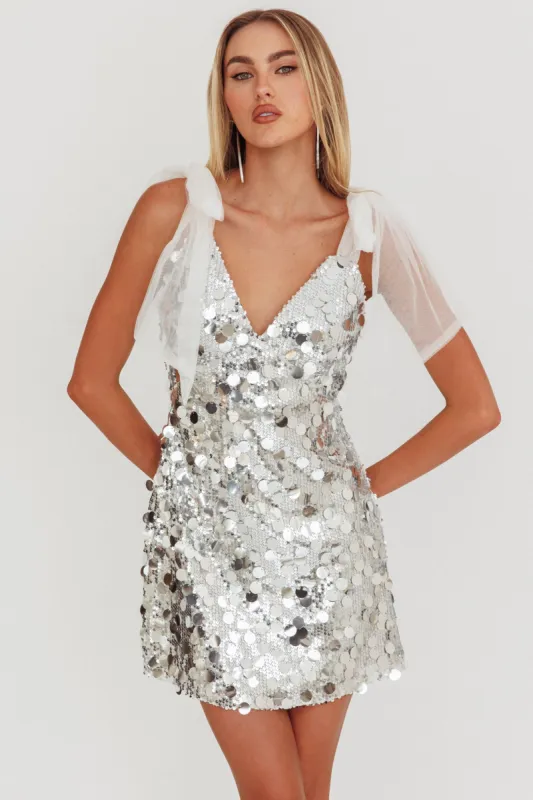 Mykonos Morning Tied Shoulder Sequin Mini Dress Silver sold by Selfie Leslie