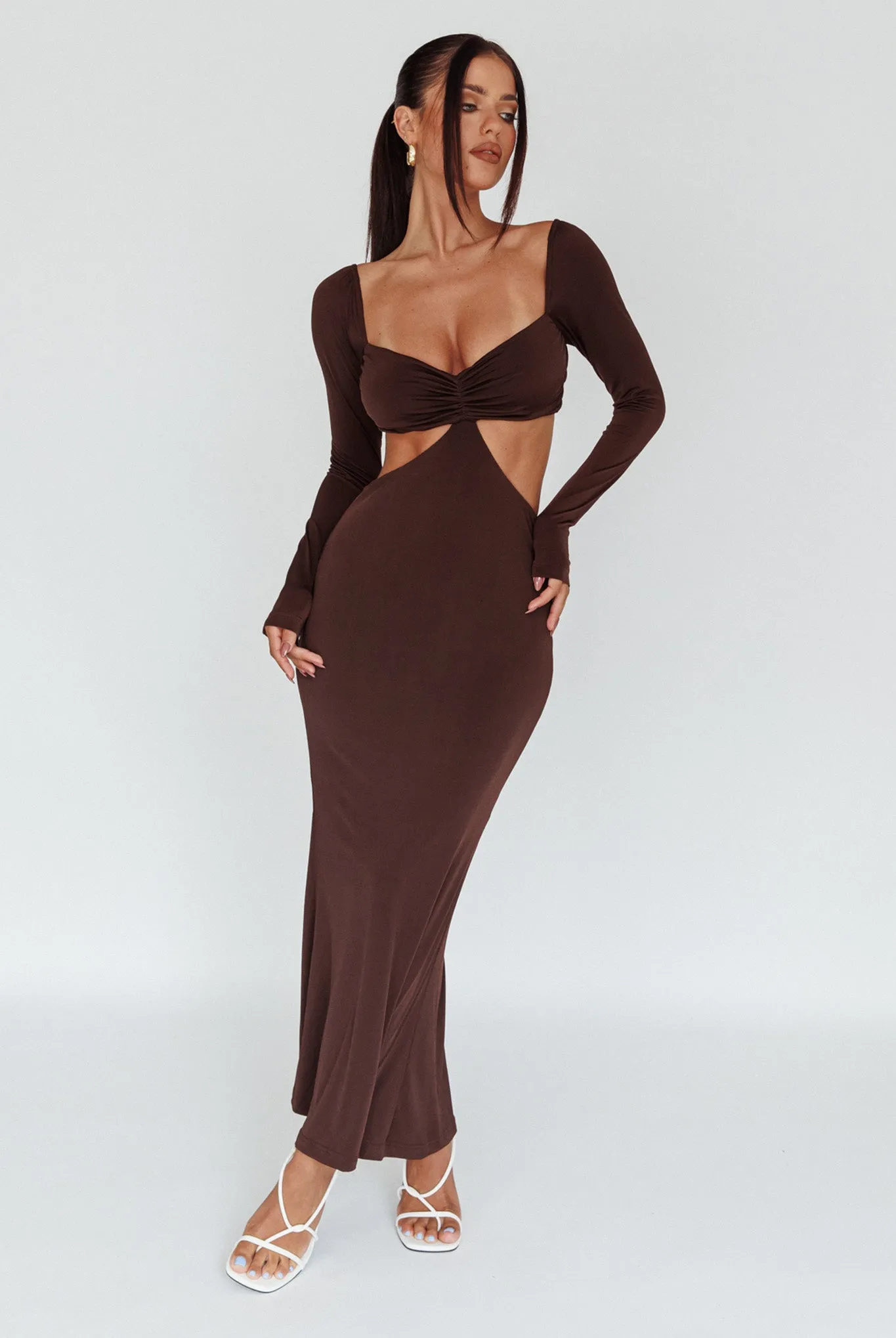 Vienna Long Sleeve Cut-Out Waist Maxi Dress Chocolate sold by Selfie Leslie product image thumbnail 5