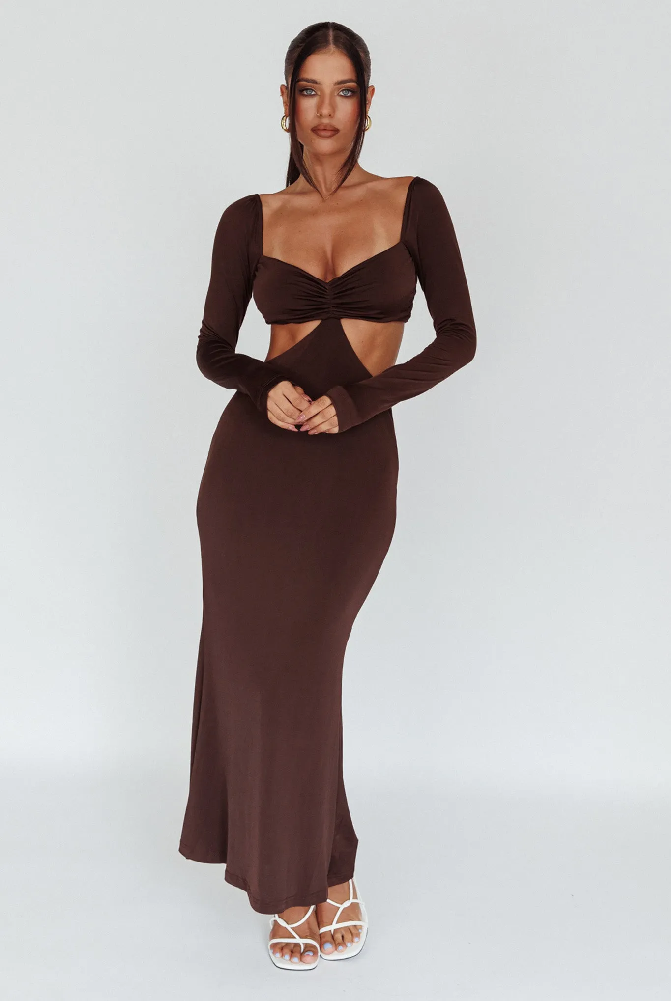 Vienna Long Sleeve Cut-Out Waist Maxi Dress Chocolate sold by Selfie Leslie product image thumbnail 3