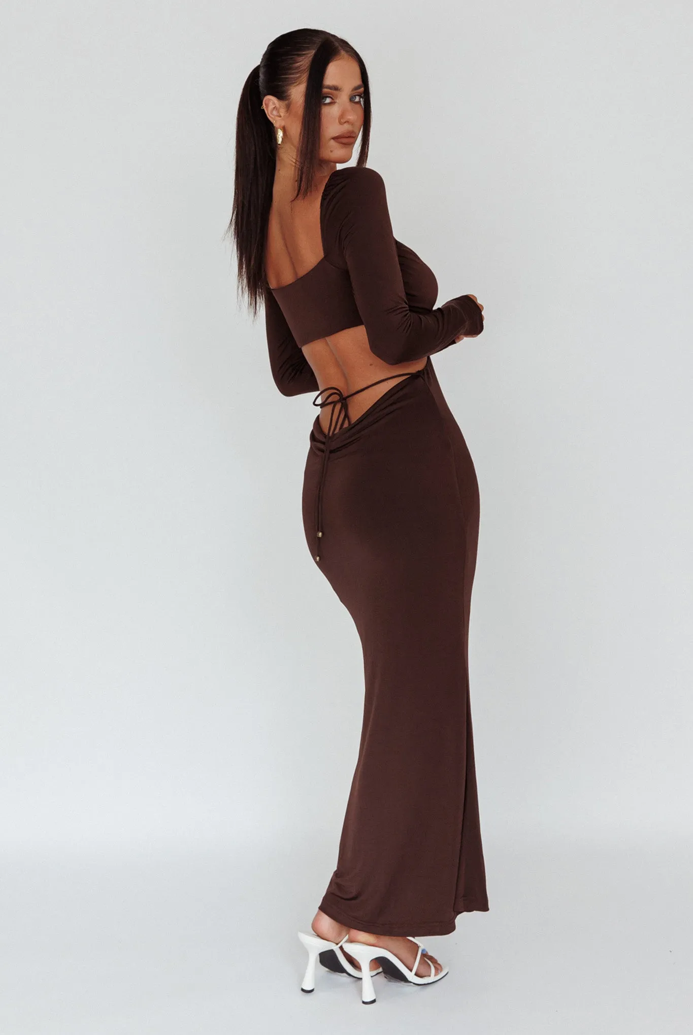 Vienna Long Sleeve Cut-Out Waist Maxi Dress Chocolate sold by Selfie Leslie product image thumbnail 2