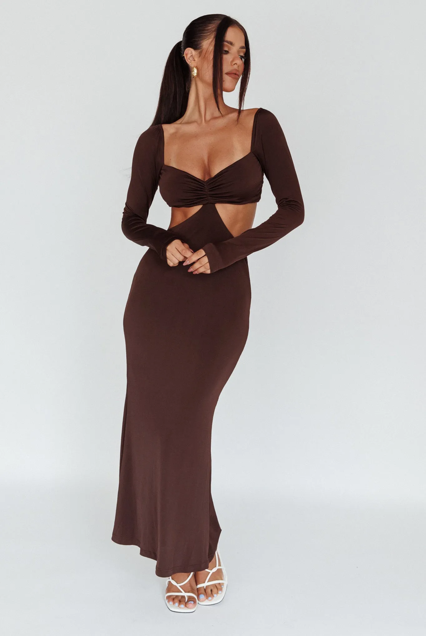 Vienna Long Sleeve Cut-Out Waist Maxi Dress Chocolate sold by Selfie Leslie product image thumbnail 4