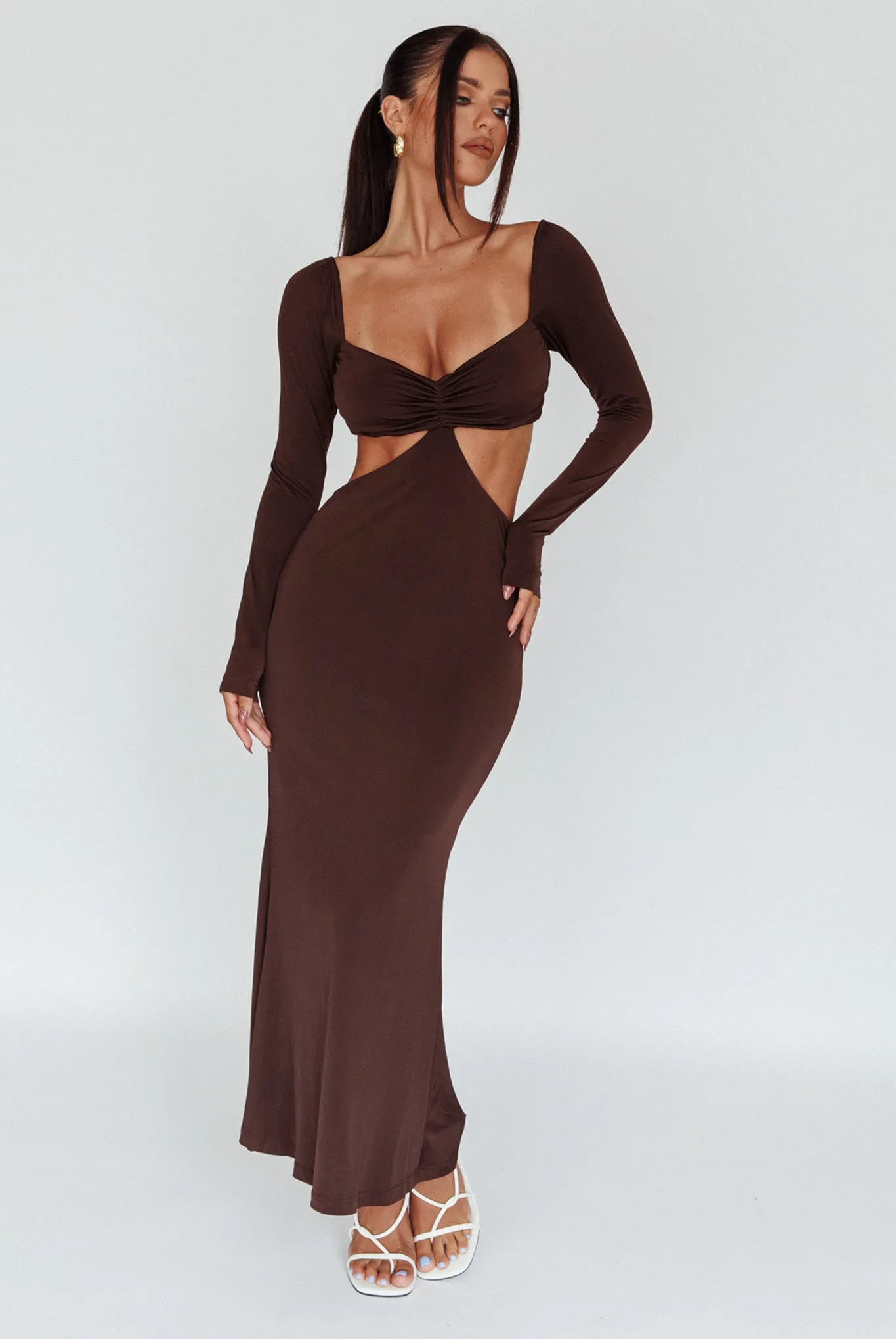 Vienna Long Sleeve Cut-Out Waist Maxi Dress Chocolate sold by Selfie Leslie