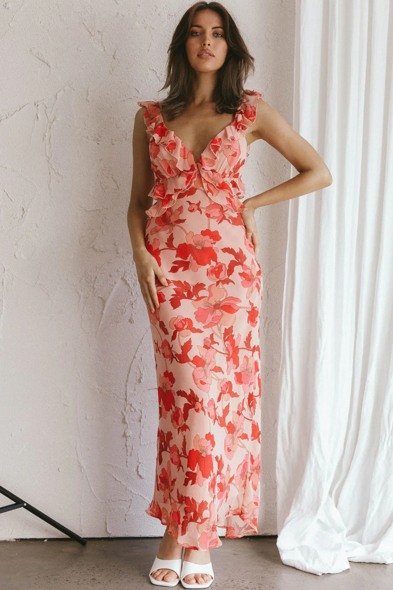 Second Chances Ruffle Trim Midi Dress Floral Pink sold by Selfie Leslie