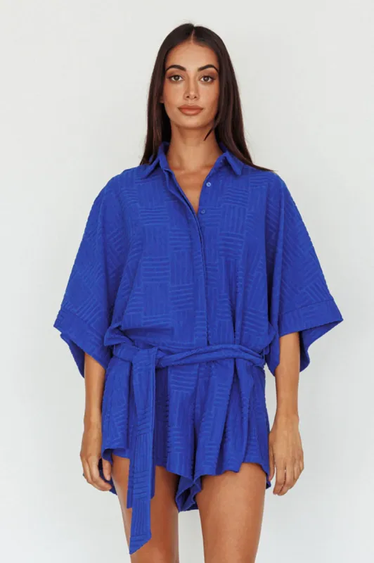 Daytona Beach Button-Up Romper Textured Blue sold by Selfie Leslie