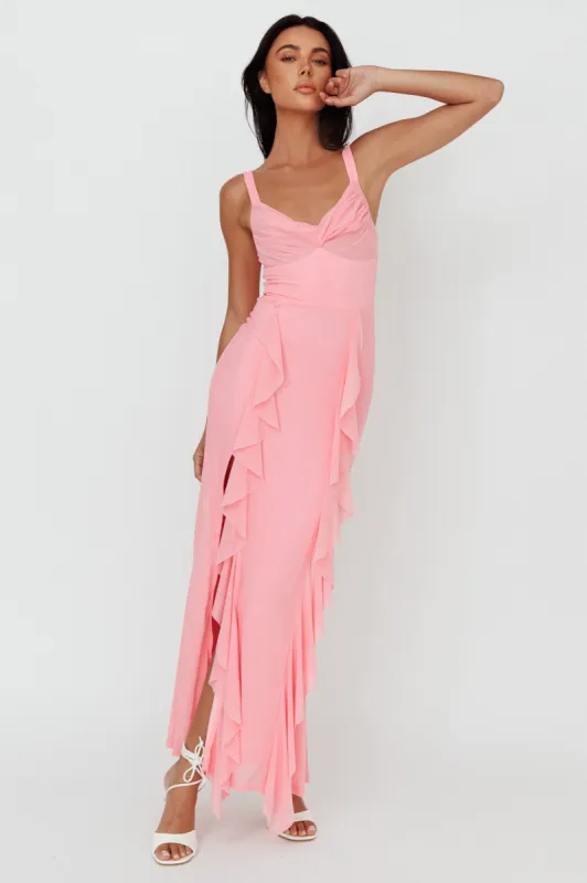 Hollianna Ruffle Trim Split Maxi Dress Blush sold by Selfie Leslie
