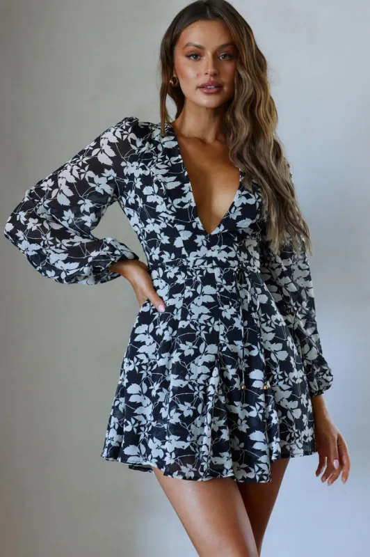 Estelle Long Sleeve V-Neckline Dress Leaf Print Black sold by Selfie Leslie