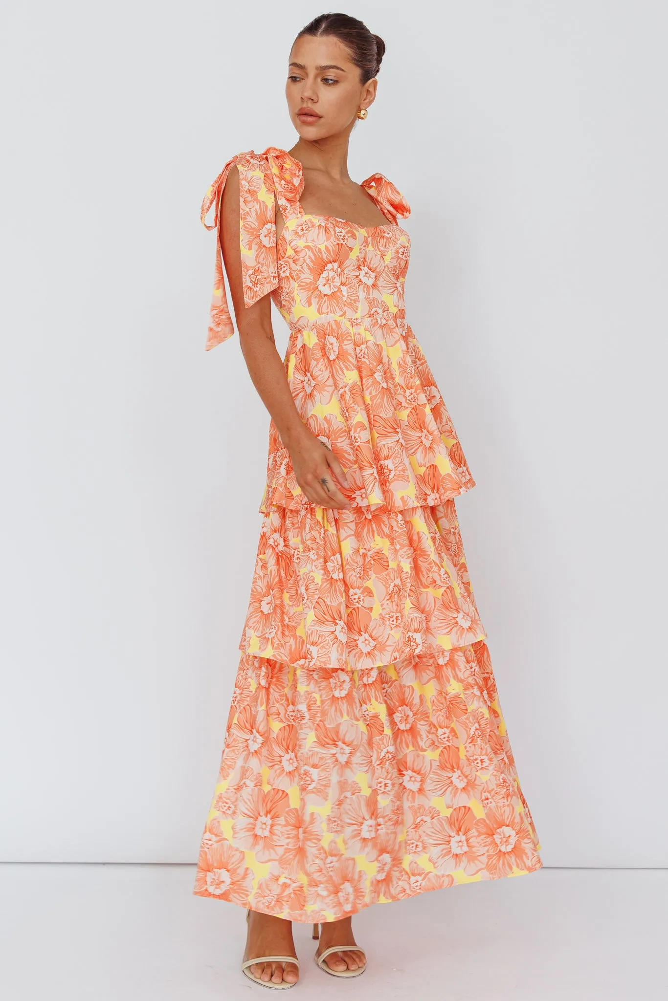 Arlowe Tied Shoulder Tiered Midi Dress Floral Orange sold by Selfie Leslie