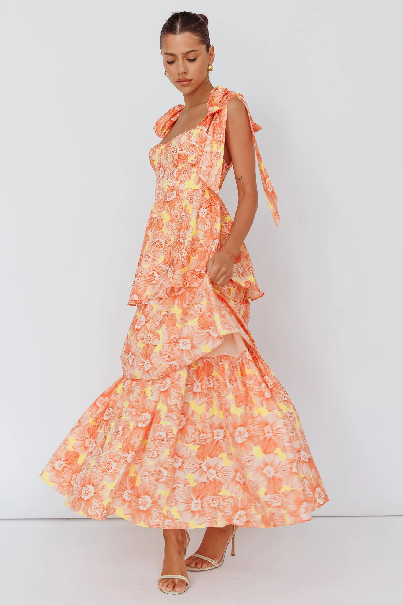 Arlowe Tied Shoulder Tiered Midi Dress Floral Orange sold by Selfie Leslie product image thumbnail 3