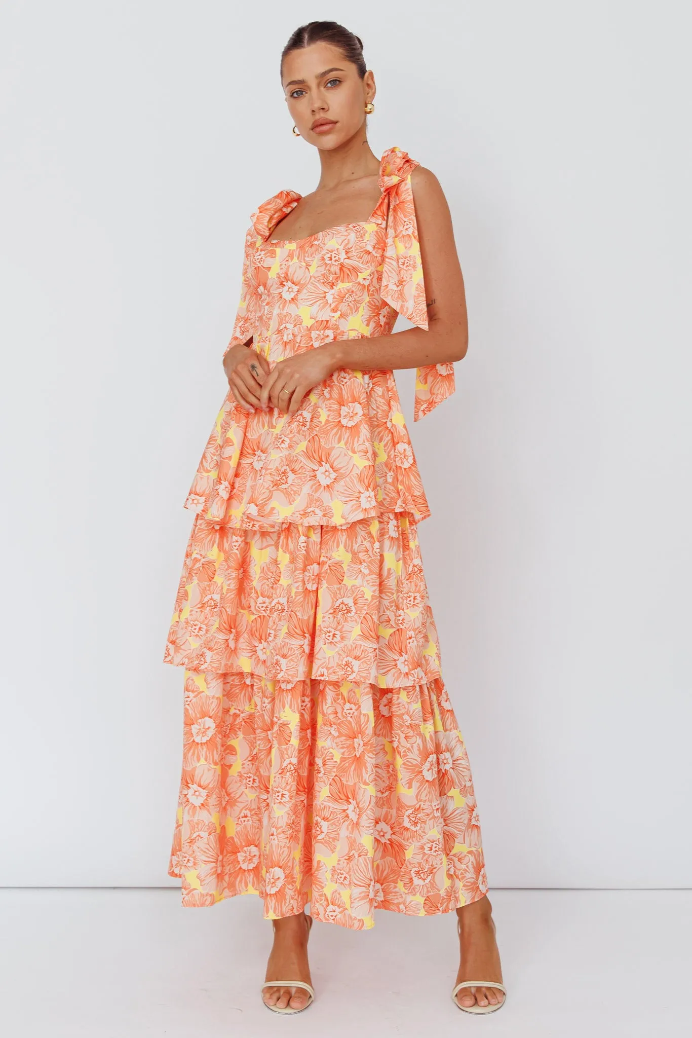 Arlowe Tied Shoulder Tiered Midi Dress Floral Orange sold by Selfie Leslie product image thumbnail 5