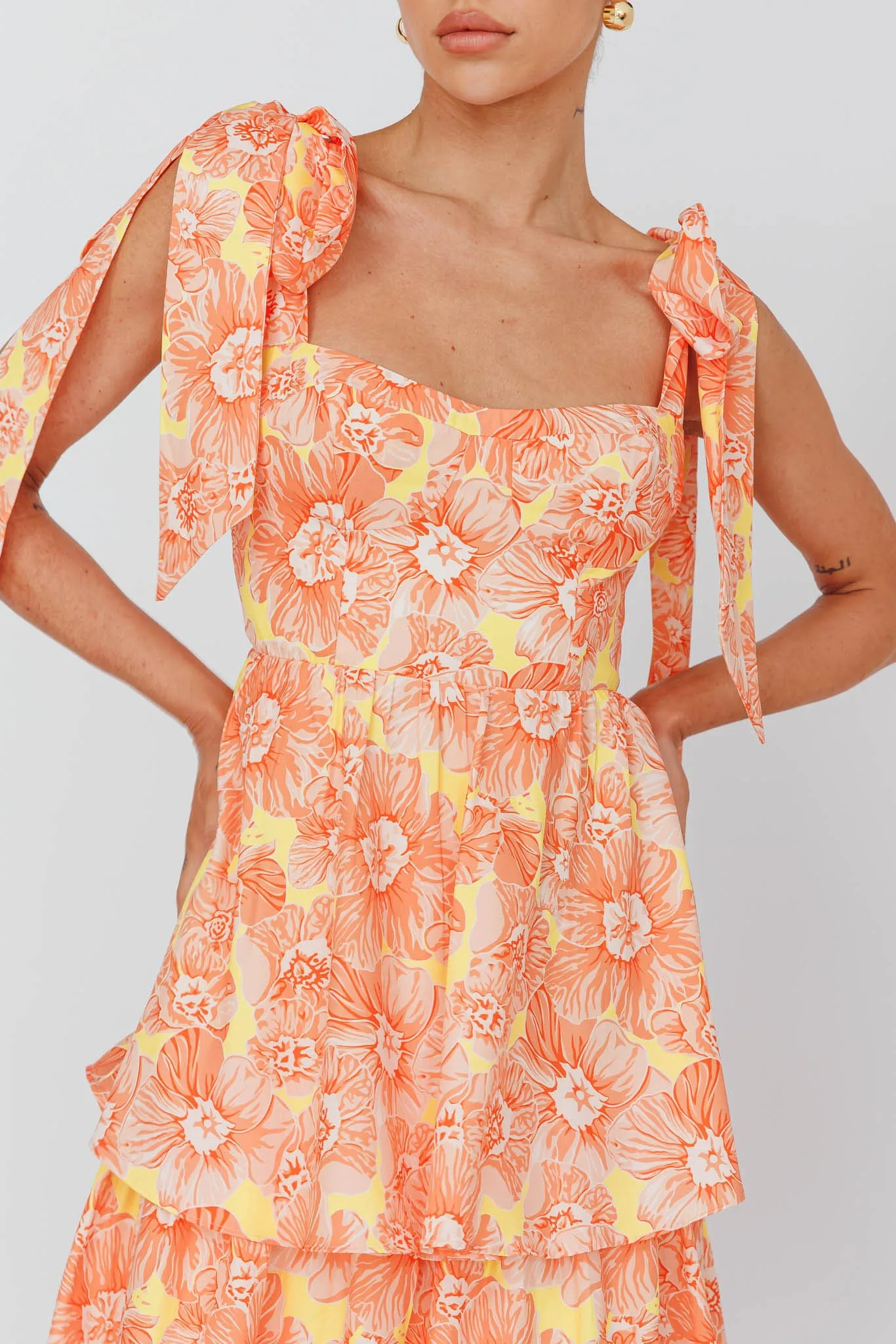Arlowe Tied Shoulder Tiered Midi Dress Floral Orange sold by Selfie Leslie product image thumbnail 4
