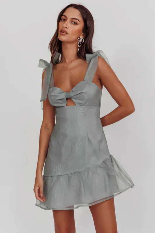 Alexia Bow Shoulder Ruffle Hem Mini Dress Sage sold by Selfie Leslie