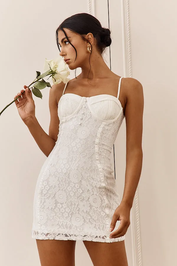 Take A Risk Lace Satin Trim Mini Dress White sold by Selfie Leslie