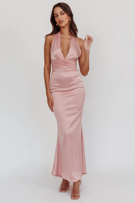 Italia Azure Pleat Bodice Halterneck Maxi Dress Blush sold by Selfie Leslie