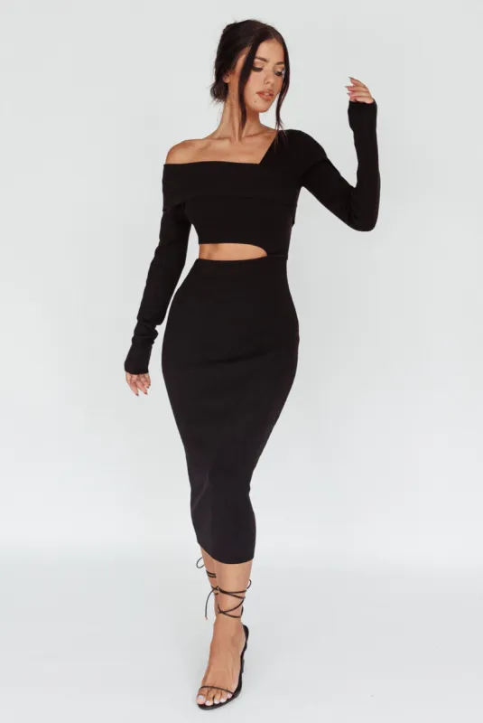 Tamar Long Sleeve One-Shoulder Midi Dress Black sold by Selfie Leslie