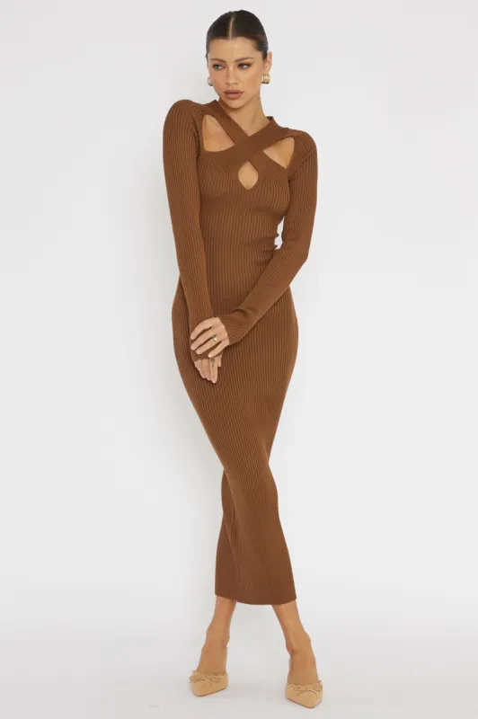 One Mind Cut-Out Neckline Knit Midi Dress Chocolate sold by Selfie Leslie
