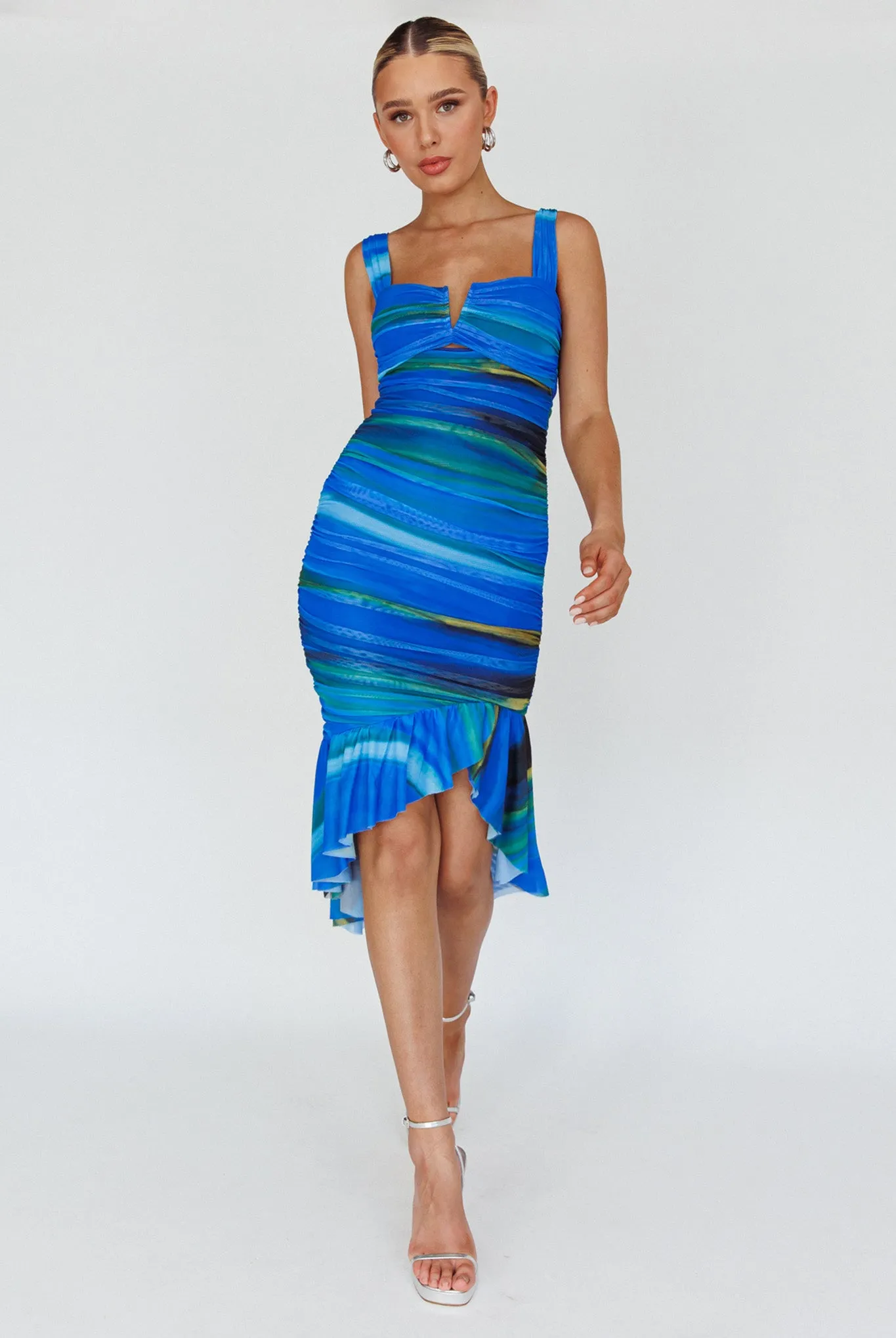 Nadia Ruched Fishtail Midi Dress Print Blue sold by Selfie Leslie product image thumbnail 3