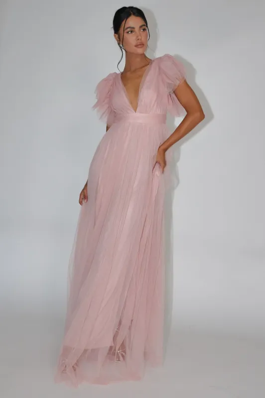 Heaven's Love Deep V-Neck Tulle Maxi Dress Blush sold by Selfie Leslie