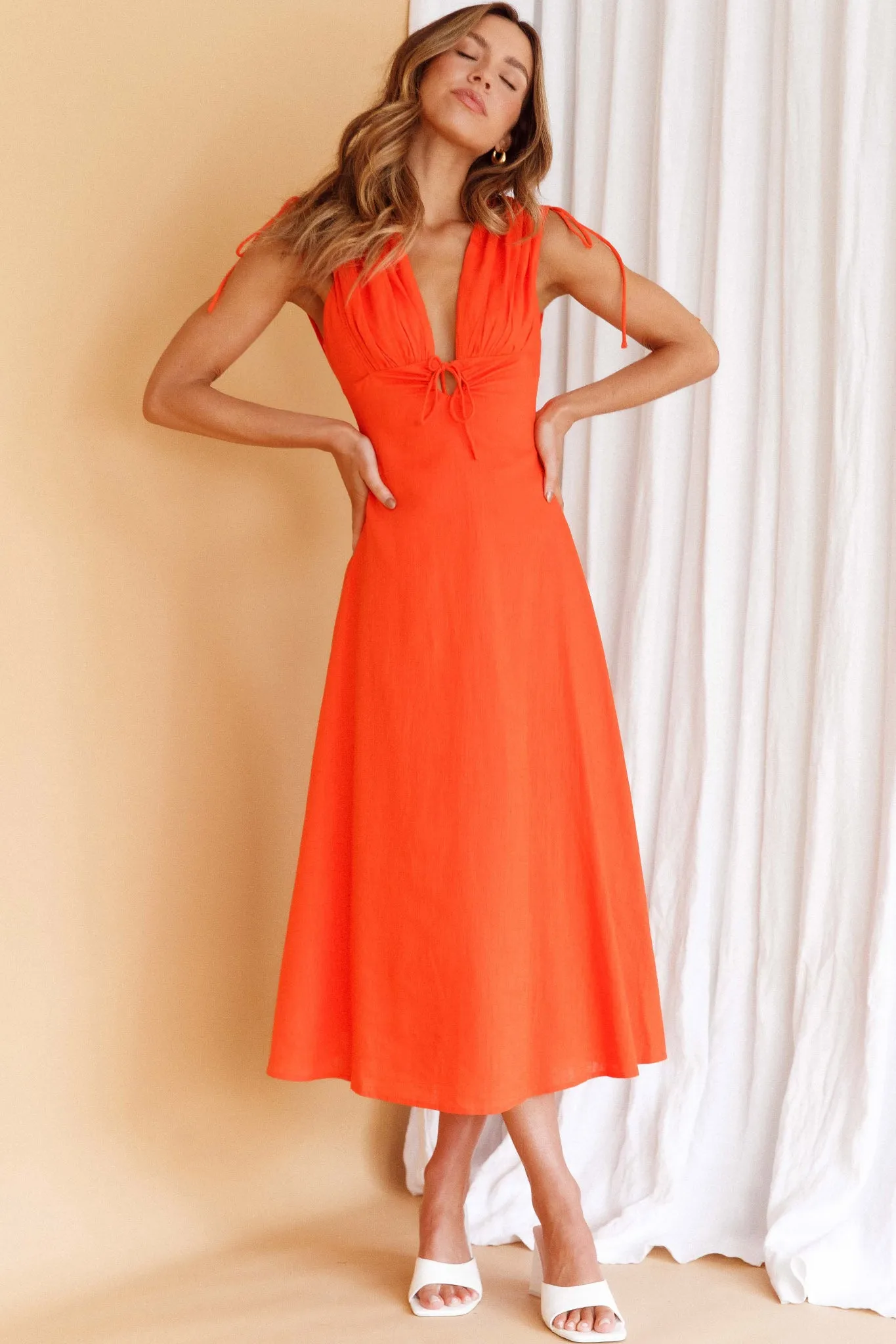 Cape Cod Drawstring Accent Midi Dress Tangerine sold by Selfie Leslie