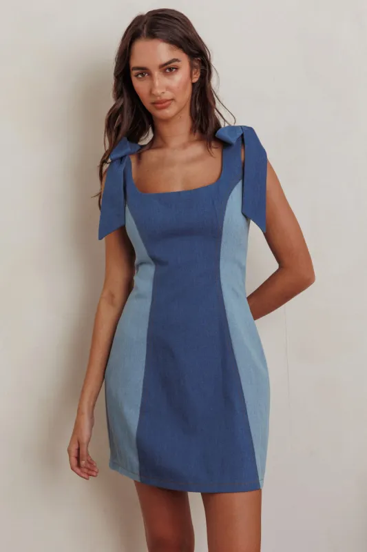 Kiss City Tied Shoulders Contrast Mini Dress Denim sold by Selfie Leslie