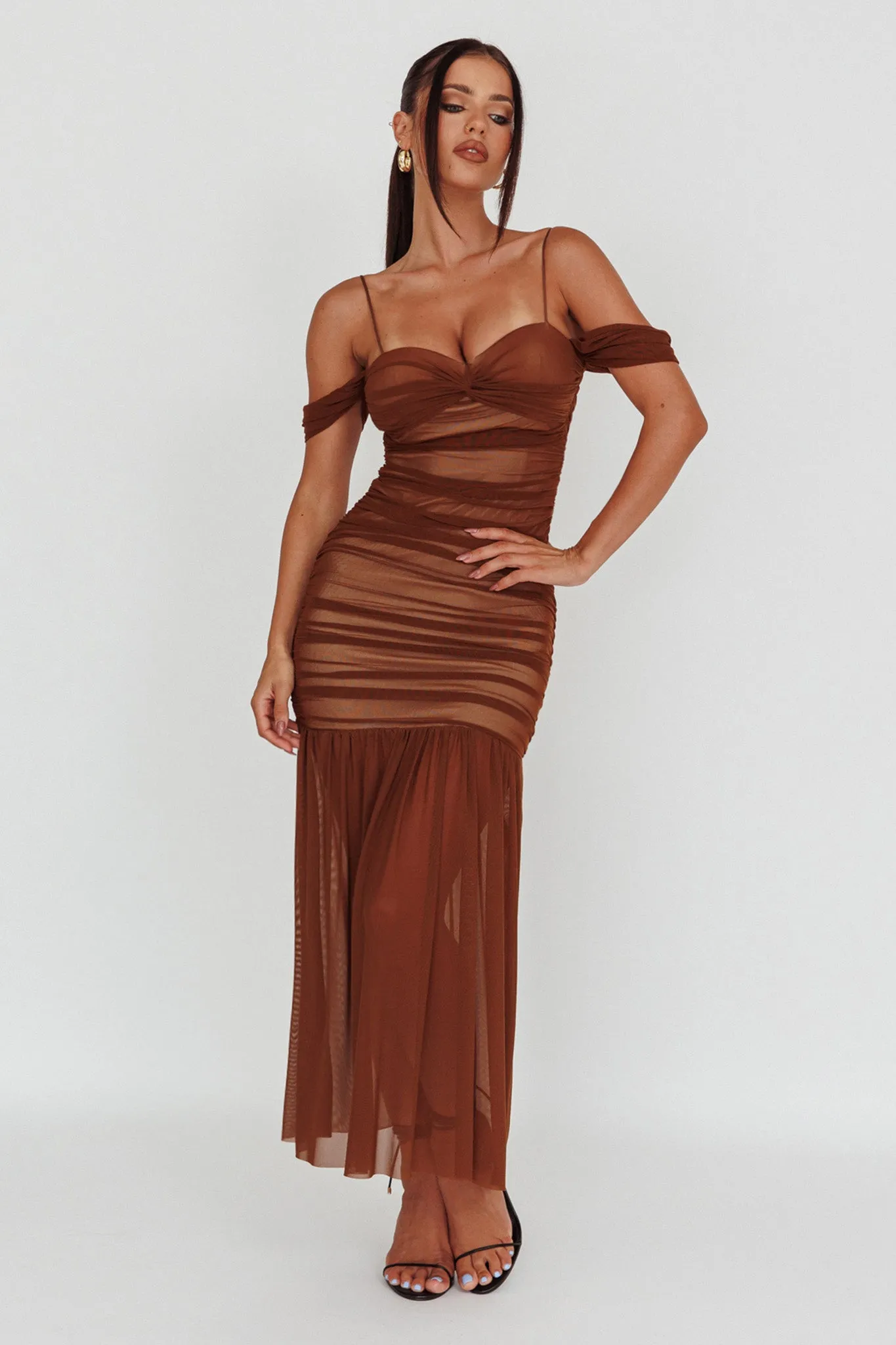 La Salle Ruched Mesh Maxi Dress Chocolate sold by Selfie Leslie product image thumbnail 5