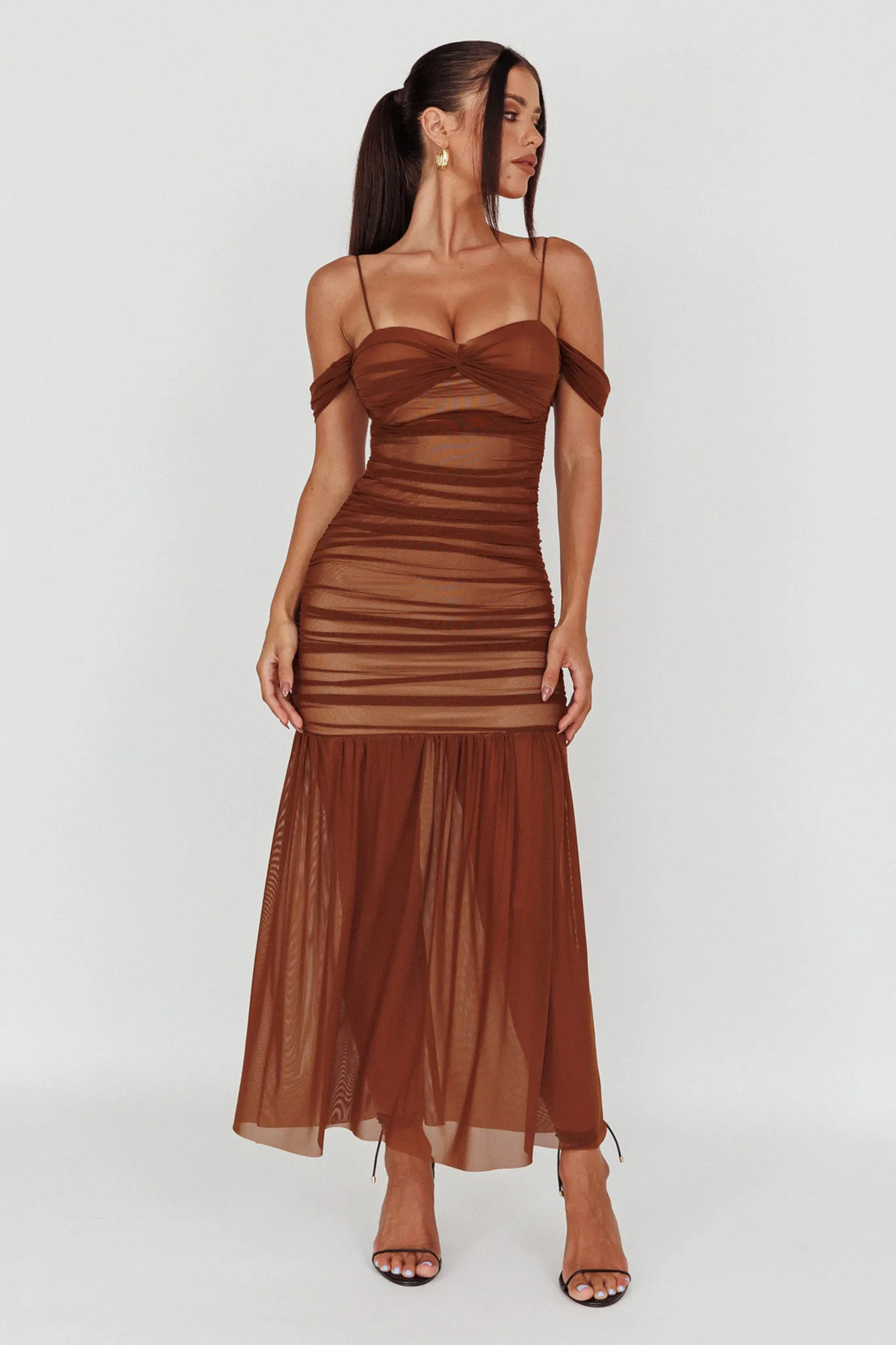 La Salle Ruched Mesh Maxi Dress Chocolate sold by Selfie Leslie product image thumbnail 3