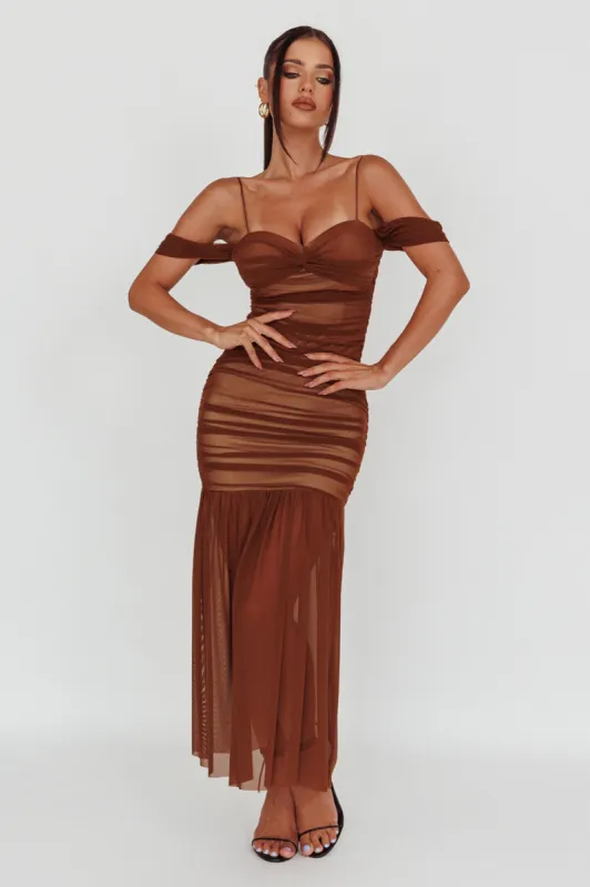 La Salle Ruched Mesh Maxi Dress Chocolate sold by Selfie Leslie