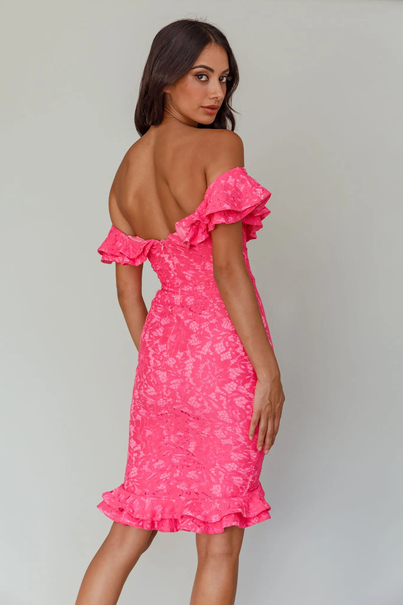 Rossi Off-Shoulder Double Ruffle Lace Dress Hot Pink sold by Selfie Leslie product image thumbnail 2
