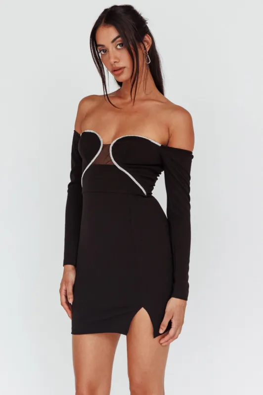 A-List Diamante Trim Long Sleeve Mini Dress Black sold by Selfie Leslie
