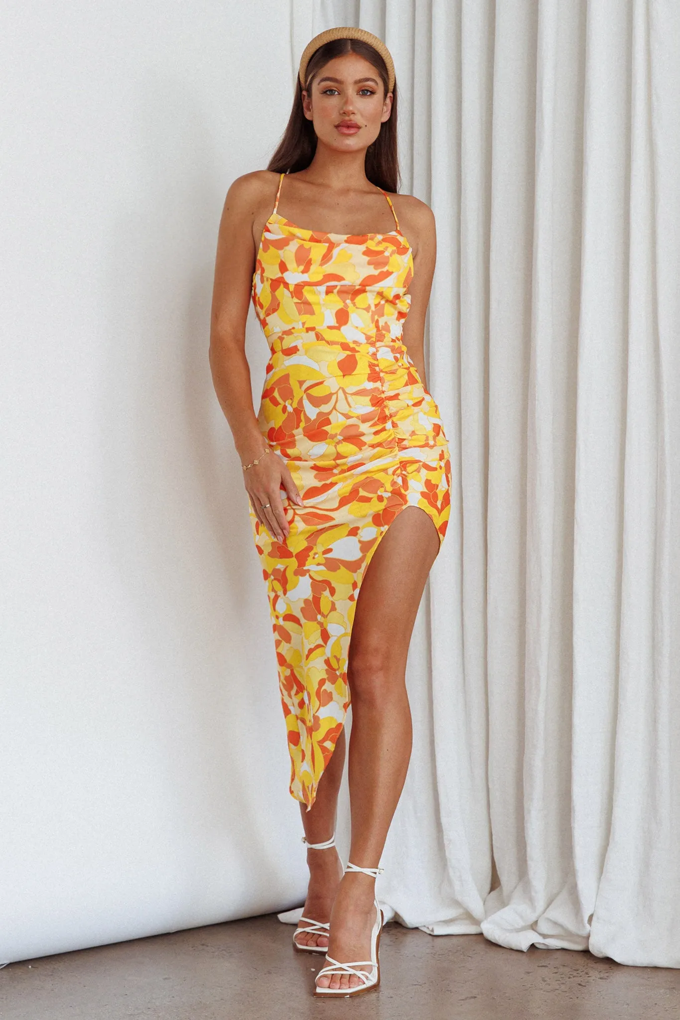 Klara Thigh Split Midi Dress Print Yellow sold by Selfie Leslie product image thumbnail 3