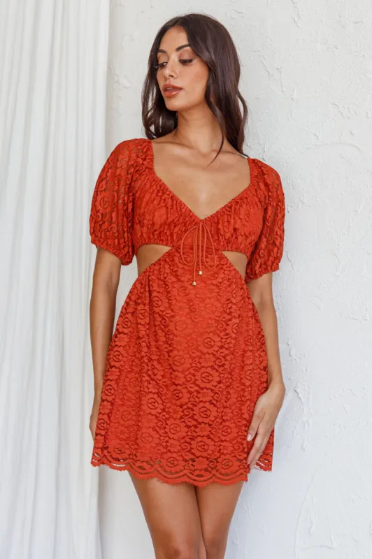 Feelin' Good Cut-Out Waist Lace Dress Rust sold by Selfie Leslie