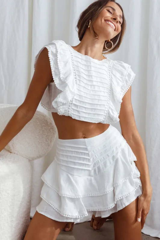 Wild And Free Pintuck Pleat And Ruffle Crop Top White sold by Selfie Leslie