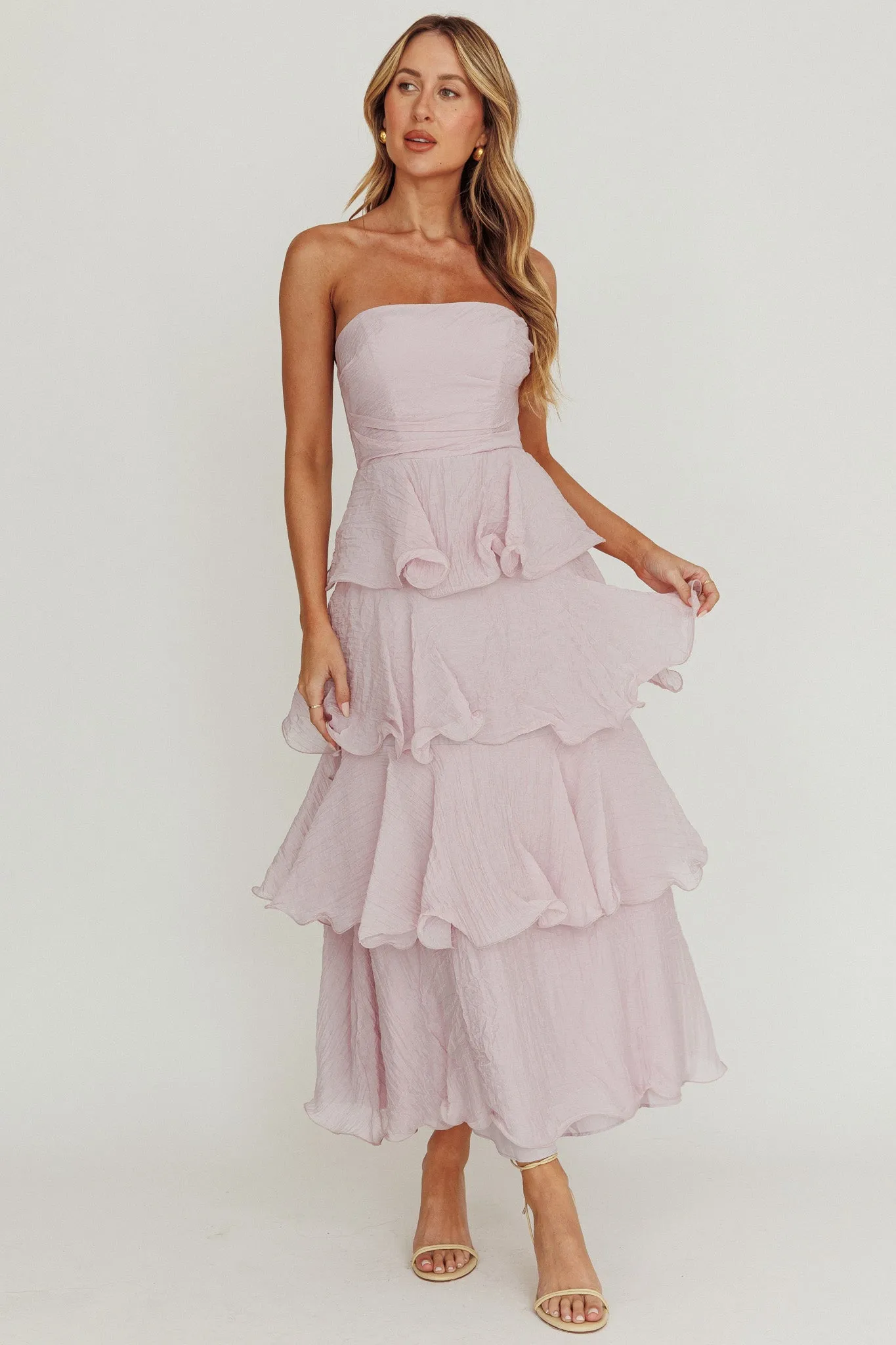 knee length dresses for ladies Giavana Strapless Layered Ruffles Midi Dress Lemon main image 1
