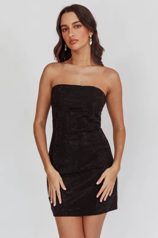 This Feeling Strapless Diamante Mini Dress Black sold by Selfie Leslie