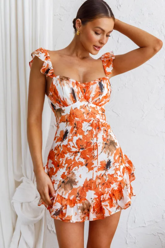 Liz Gathered Bust Frill Trim Dress Abstract Floral Orange sold by Selfie Leslie