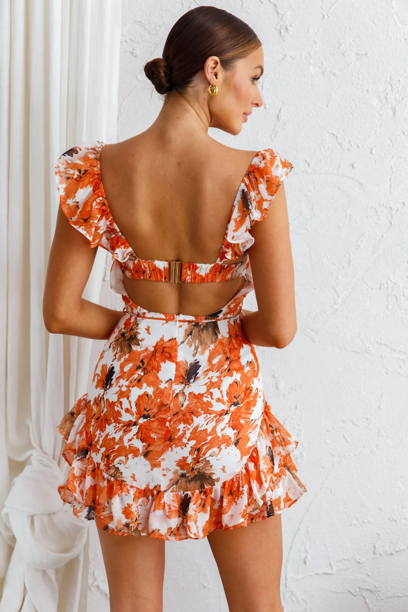 Liz Gathered Bust Frill Trim Dress Abstract Floral Orange sold by Selfie Leslie product image thumbnail 2
