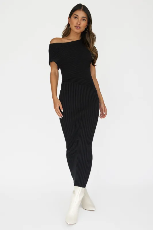 Kaelyn Asymmetric Neck Knit Maxi Dress Black sold by Selfie Leslie