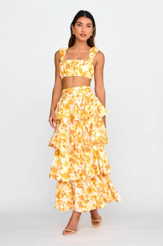 Suenito Tiered Frill Maxi Skirt Floral Orange sold by Selfie Leslie