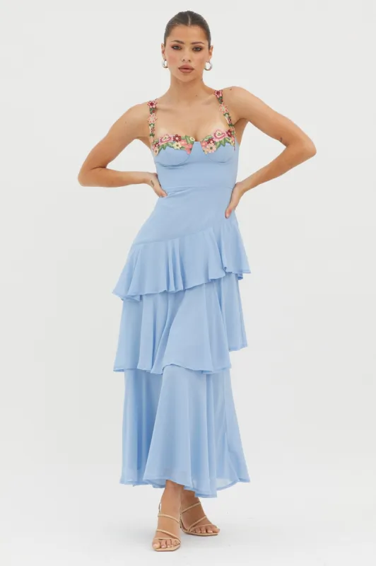 Rose Garden Tiered Ruffle Floral Trim Dress Blue sold by Selfie Leslie