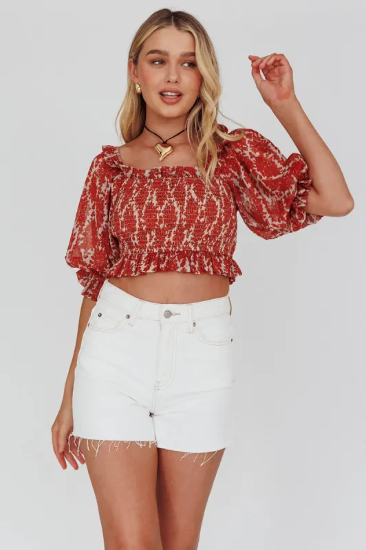 Meet Cute Shirred Bust Off-Shoulder Crop Top Floral Beige sold by Selfie Leslie