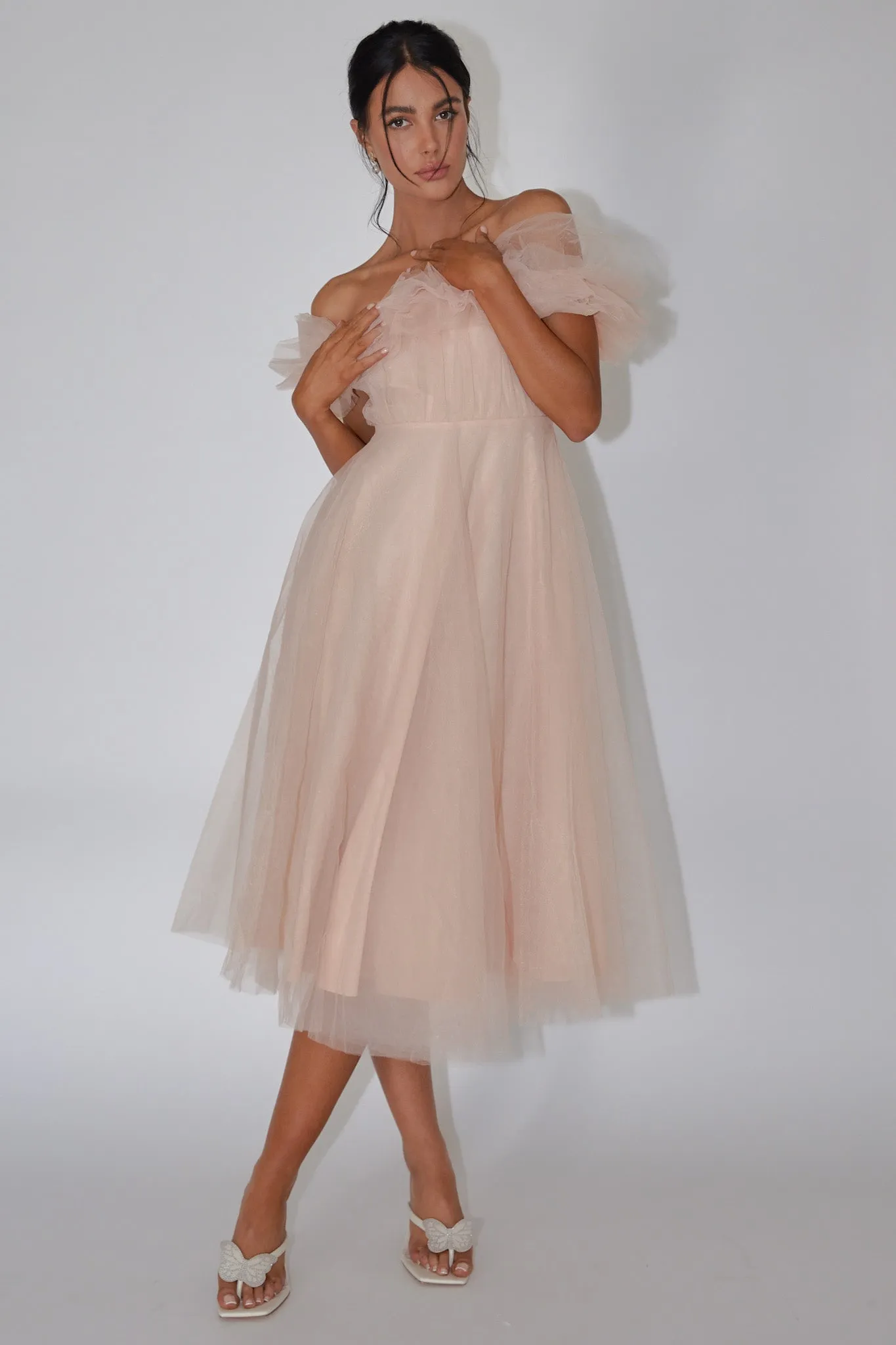 May Rose Off-Shoulder Tulle Midi Dress Taupe sold by Selfie Leslie product image thumbnail 3