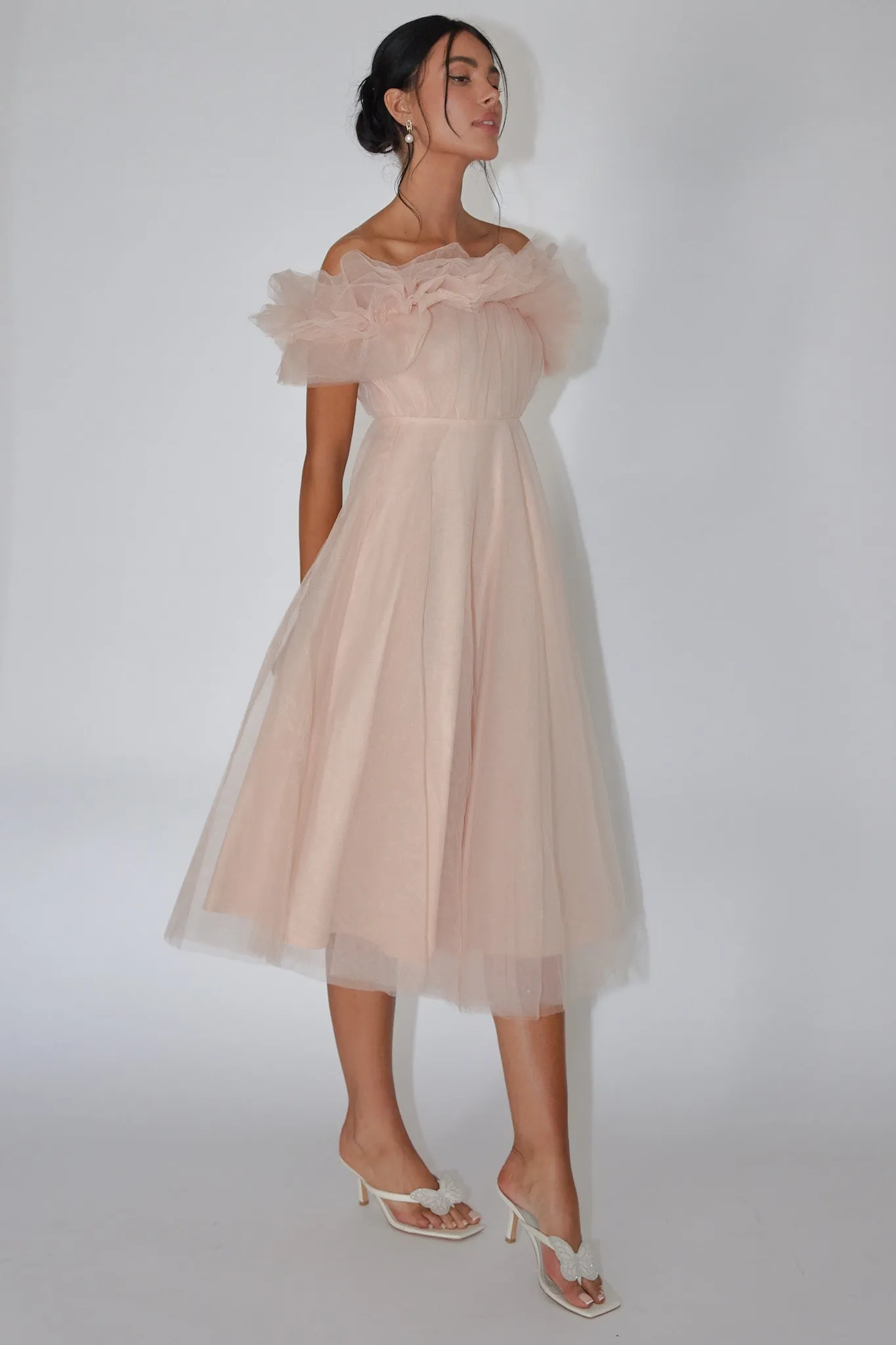 May Rose Off-Shoulder Tulle Midi Dress Taupe sold by Selfie Leslie