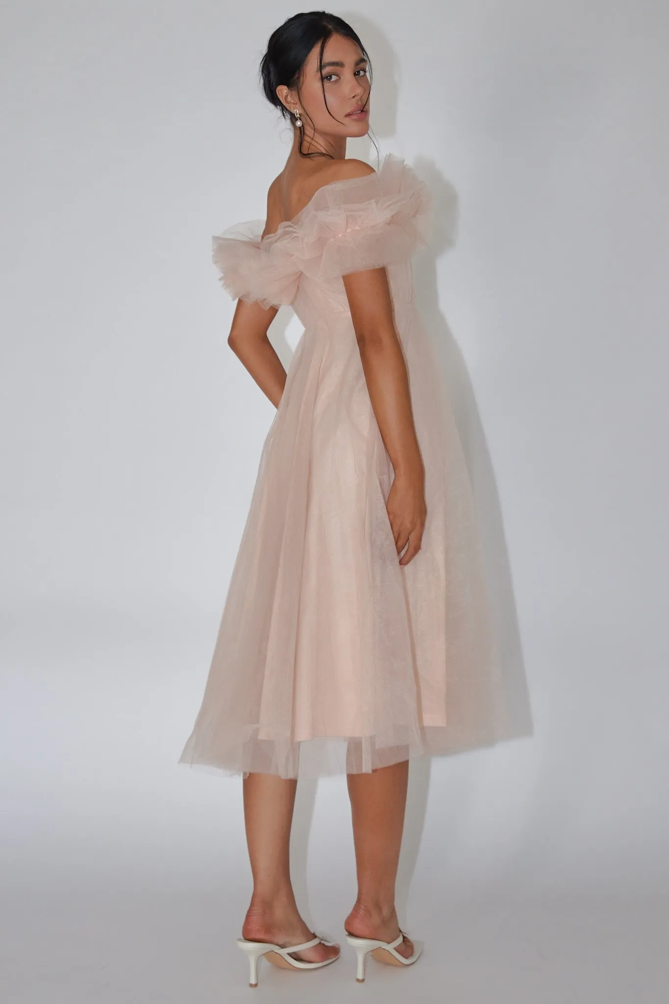 May Rose Off-Shoulder Tulle Midi Dress Taupe sold by Selfie Leslie product image thumbnail 2