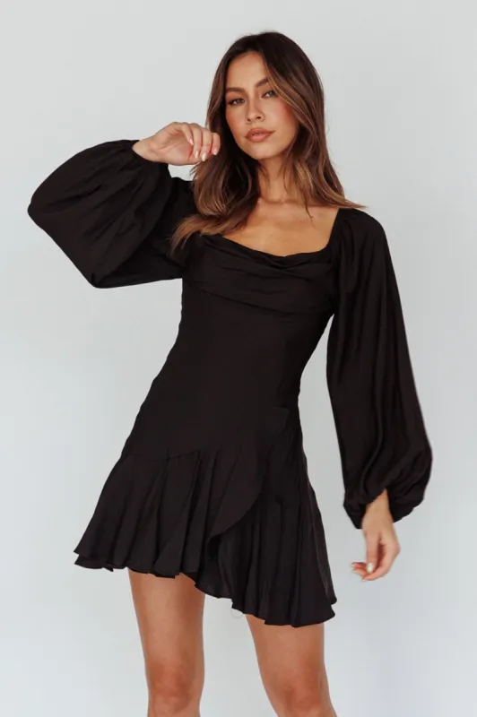 Beaujolais Long Sleeve Cowl Neckline Ruffle Satin Mini Dress Black sold by Selfie Leslie
