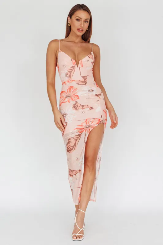 Lake Como Fitted Bodice Side Split Dress Floral Pink sold by Selfie Leslie