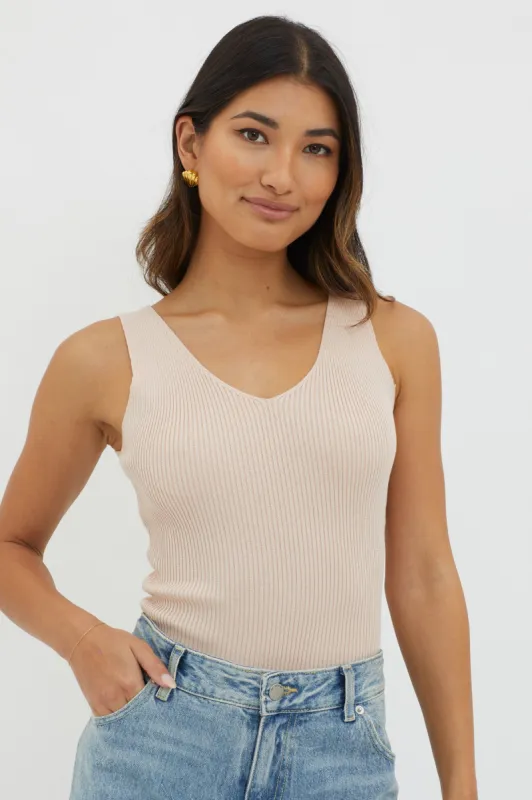 Off-Duty V-Neck Ribbed Knit Top Beige sold by Selfie Leslie