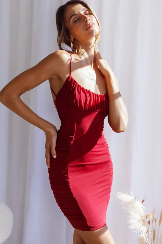 Hola, Chica! Ruched Mesh Open Back Mini Dress Plum sold by Selfie Leslie