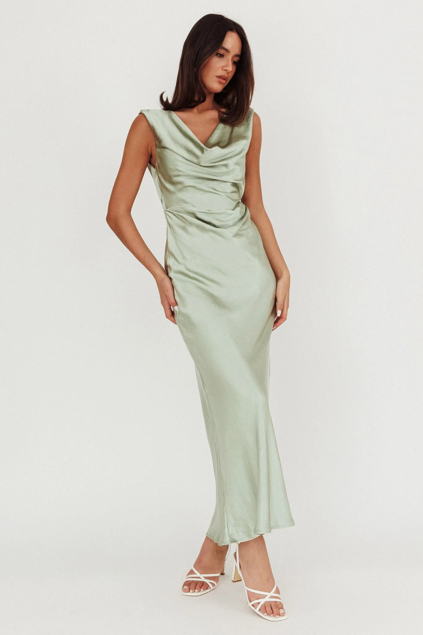 Chills Cowl Neck Satin Maxi Dress Sage sold by Selfie Leslie