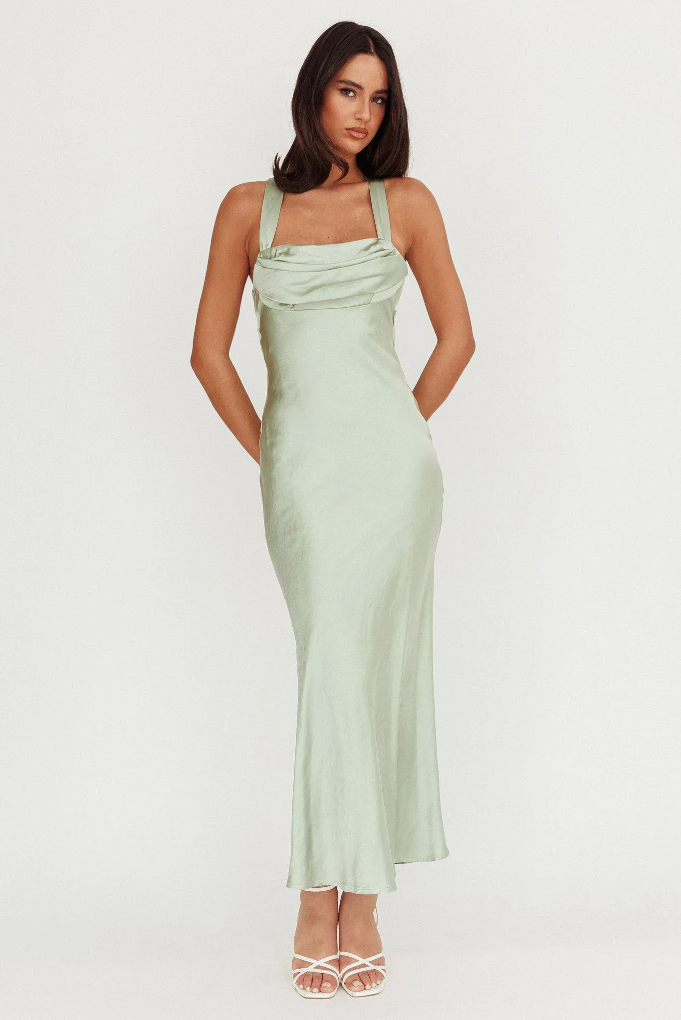 Favorite Part Crossover Back Satin Maxi Dress Sage sold by Selfie Leslie