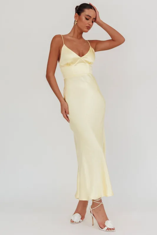 Hold Me Satin Backless Maxi Dress Lemon sold by Selfie Leslie